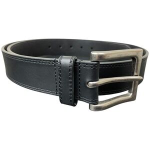 Vintage 90s Black Leather Belt 40 Silver Solid Brass Buckle Made Taiwan 1.5in W